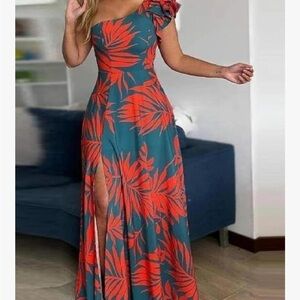 Chic One-Shoulder Tropical Maxi Dress - Grey and Orange